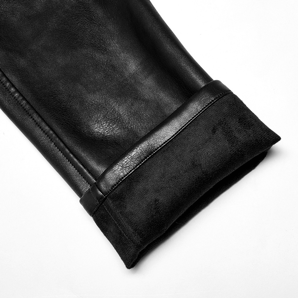 Close-up of stylish punk rock faux leather pants showcasing the cuff and detail of luxurious soft black leather.