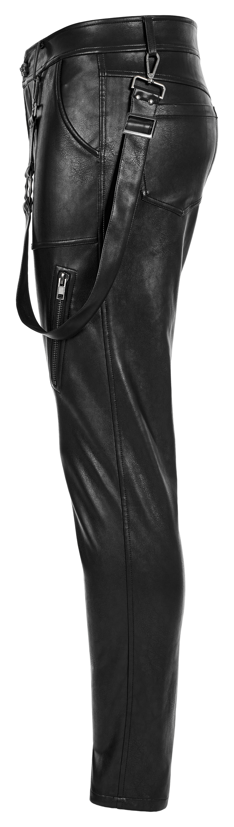 Side view of stylish punk rock faux leather lace-up pants with removable side loop for versatile streetwear.