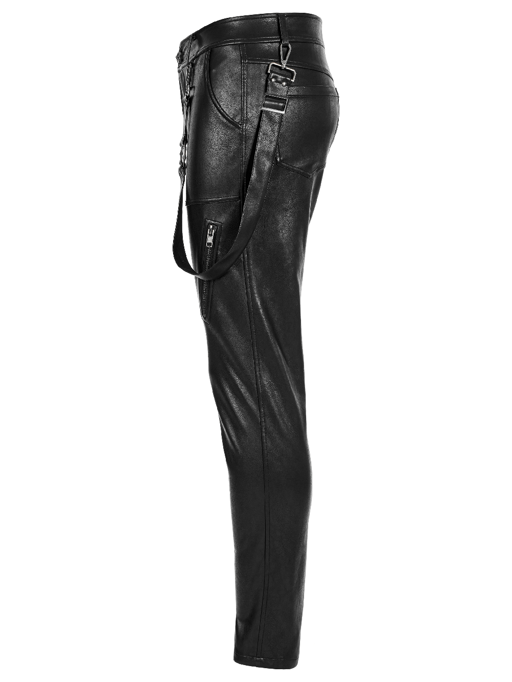 Side view of stylish punk rock faux leather lace-up pants with removable side loop for versatile streetwear.