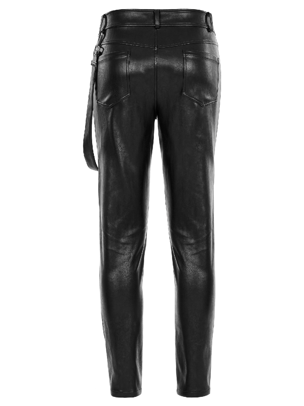 Back view of stylish punk rock faux leather lace-up pants with removable side loop for customizable streetwear.
