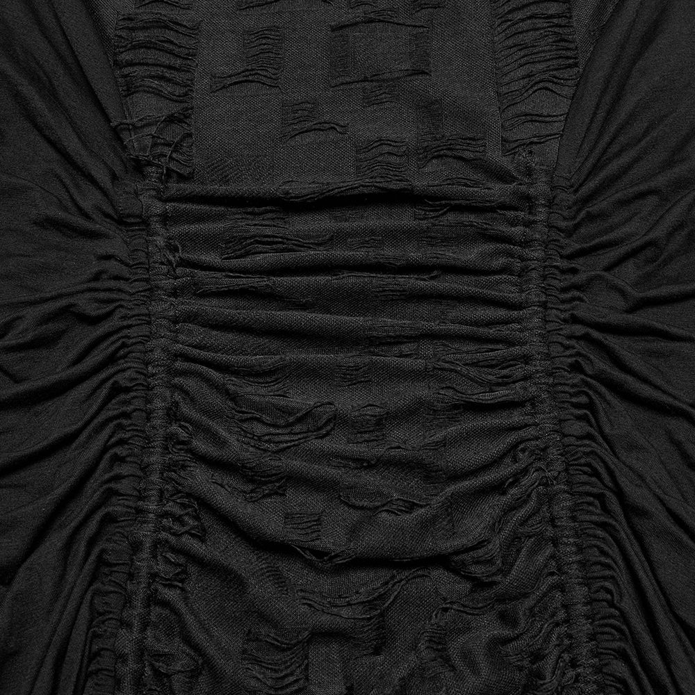 Close-up of the ruched black fabric showcasing texture of the stylish punk dress with adjustable waist and slits.
