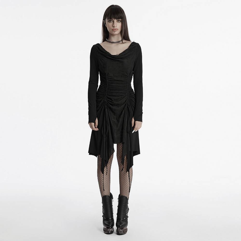 Stylish punk ruched long sleeve black dress with swing collar and adjustable waist, paired with fishnet stockings.