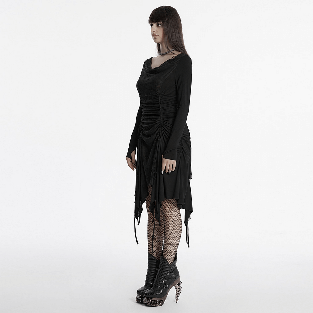 Stylish punk ruched long sleeve dress with swing collar, featuring adjustable waist and edgy slits.