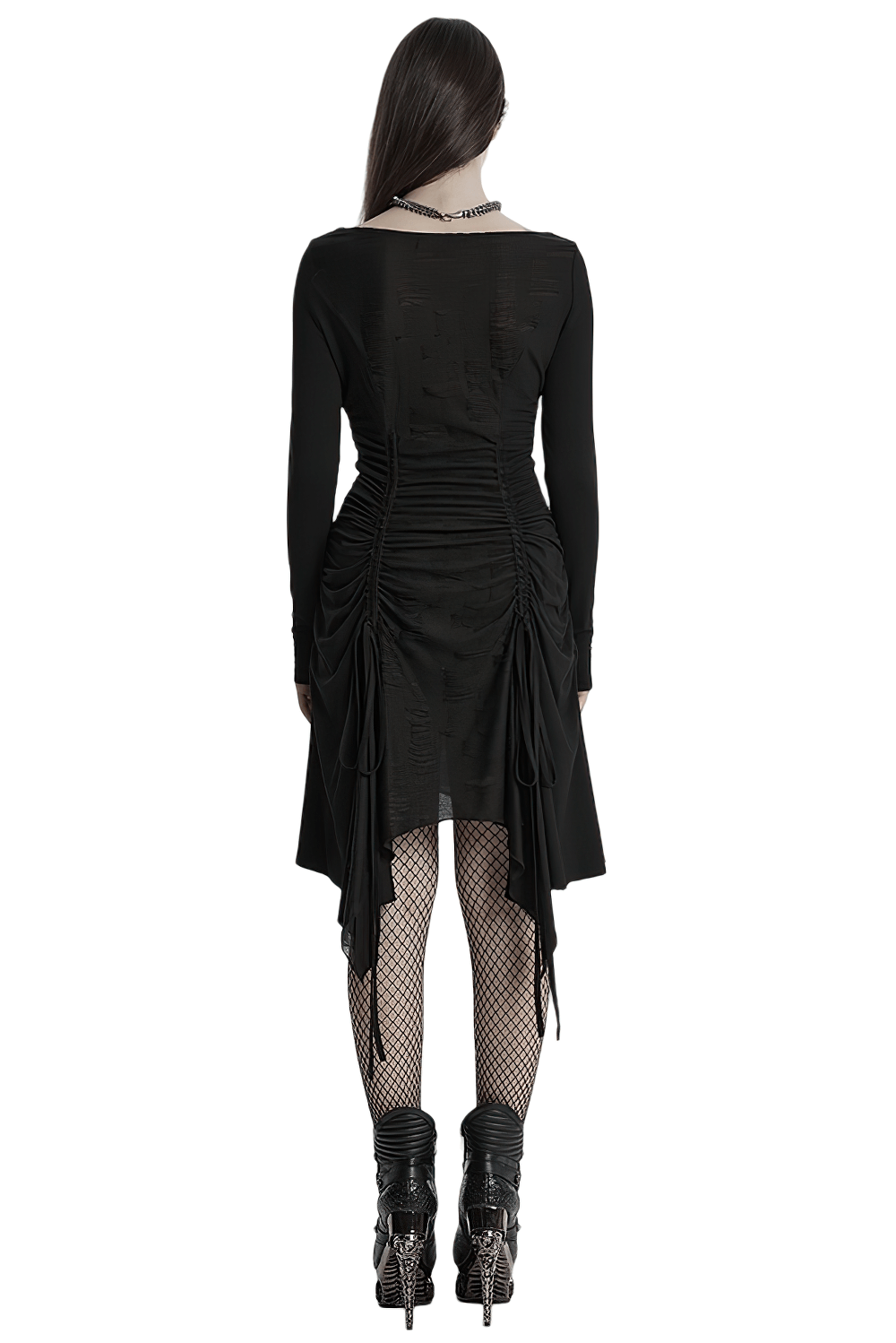 Back view of a stylish punk ruched long sleeve dress with swing collar, highlighting adjustable waist and edgy slit.