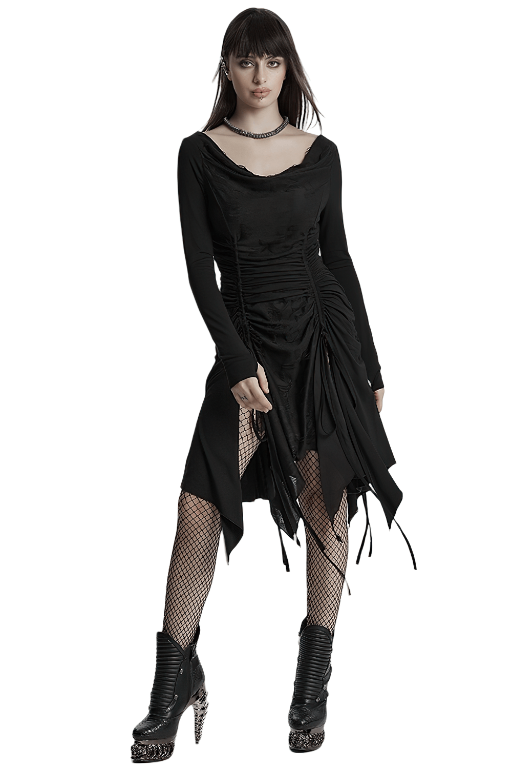 Stylish punk long sleeve dress with swing collar, adjustable waist, and edgy asymmetrical hem.