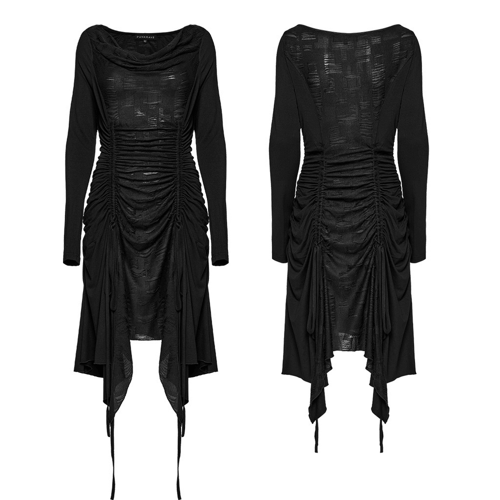 Stylish punk long sleeve dress with ruched sides and swing collar for a flattering silhouette.