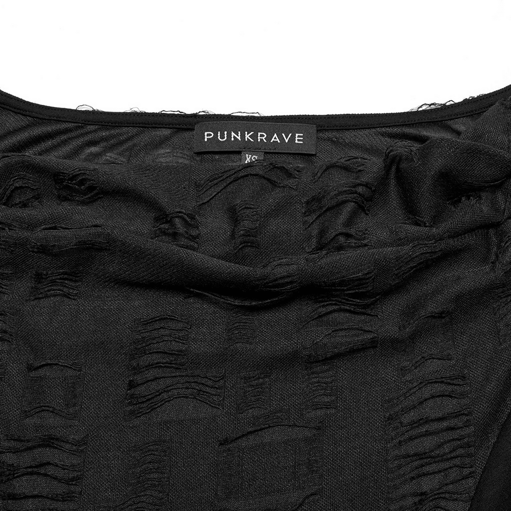 Close-up of the stylish punk dress fabric featuring distressed texture and PUNKRAVE label.