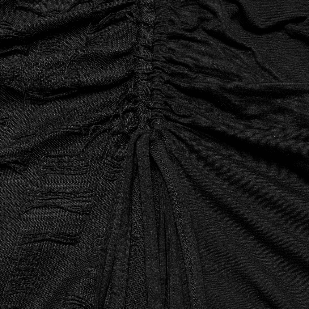 Close-up of stylish black ruched fabric from a punk long sleeve dress, showcasing its soft, stretchy texture and unique detailing.