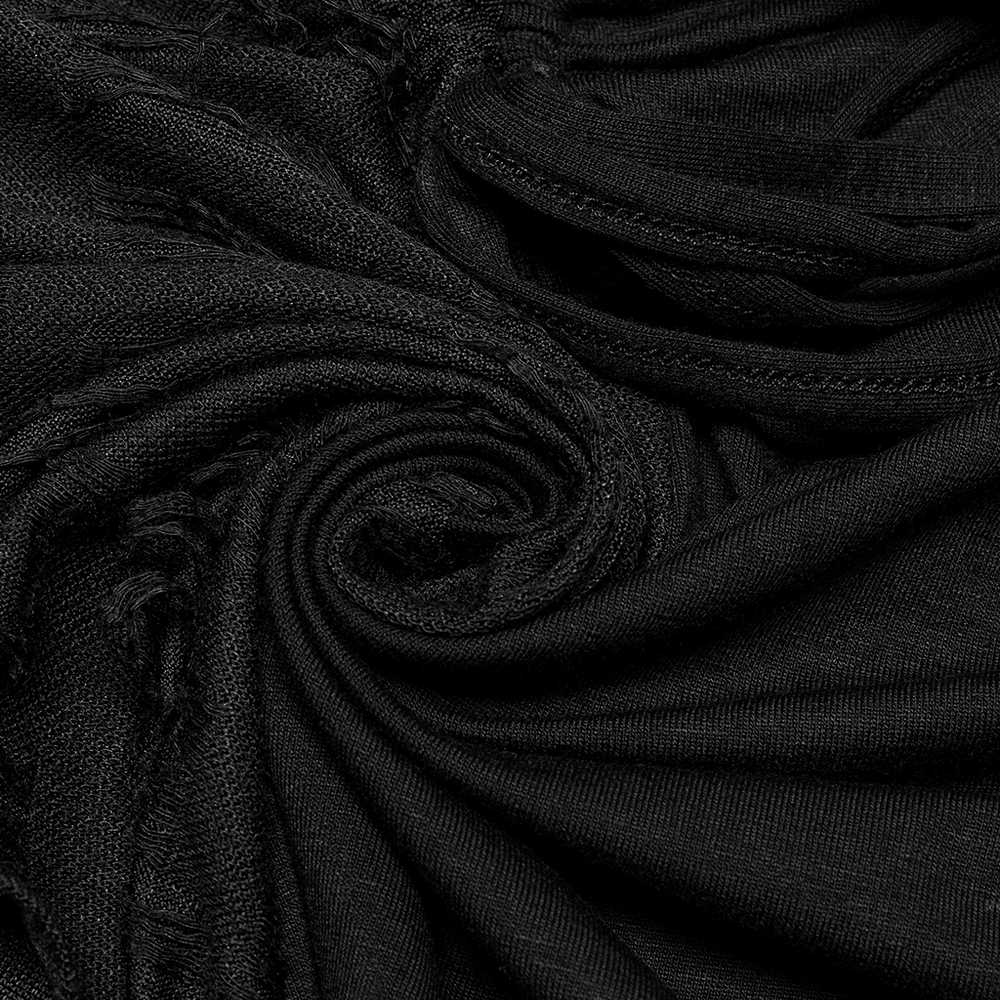 Close-up of soft black distressed fabric showcasing its stretchy texture and beautiful drape for a stylish punk dress.