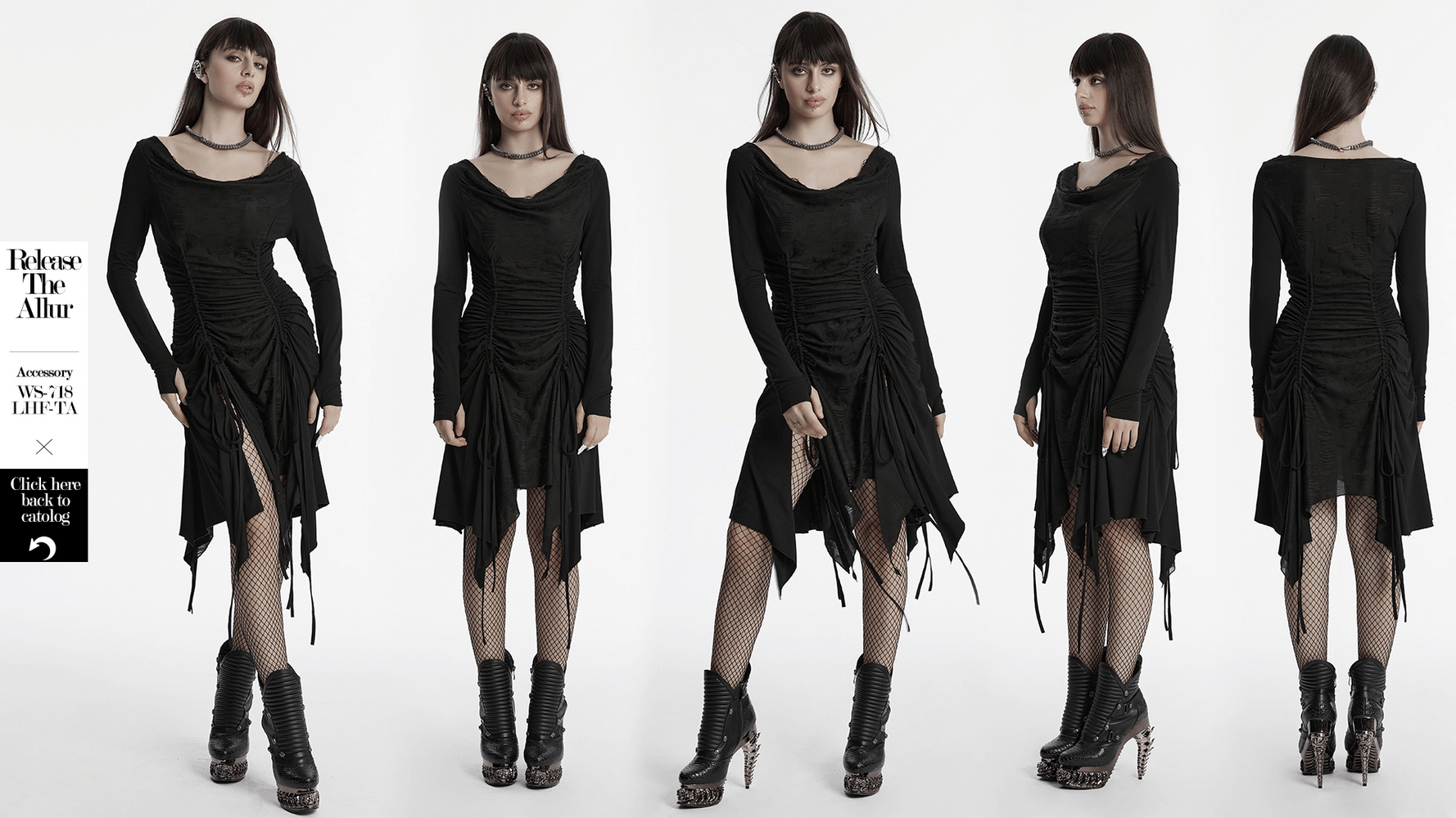 Stylish punk ruched long sleeve dress with swing collar and adjustable waist showcased from multiple angles.