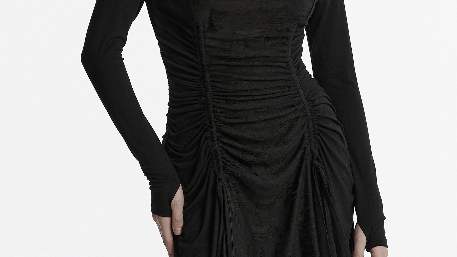 Stylish punk ruched long sleeve dress with swing collar for a flattering silhouette and edgy appeal.