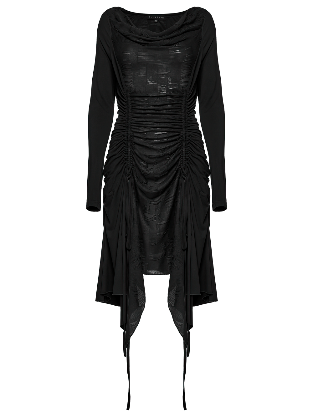 Stylish punk long sleeve dress with ruched detailing and swing collar in black.