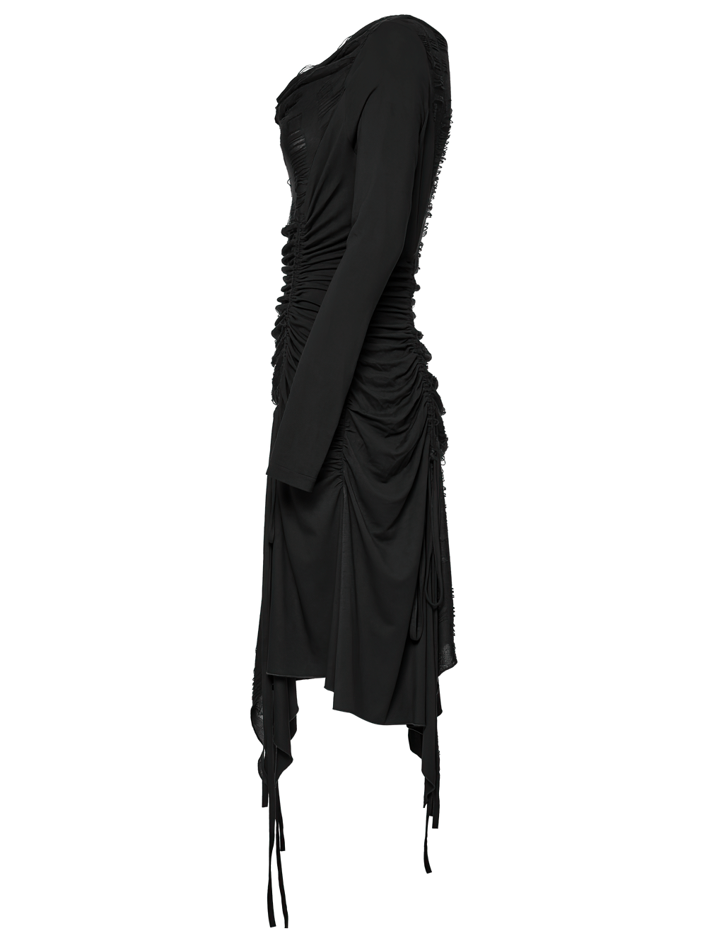 Side view of stylish punk ruched long sleeve dress with swing collar and adjustable waist for a flattering fit.