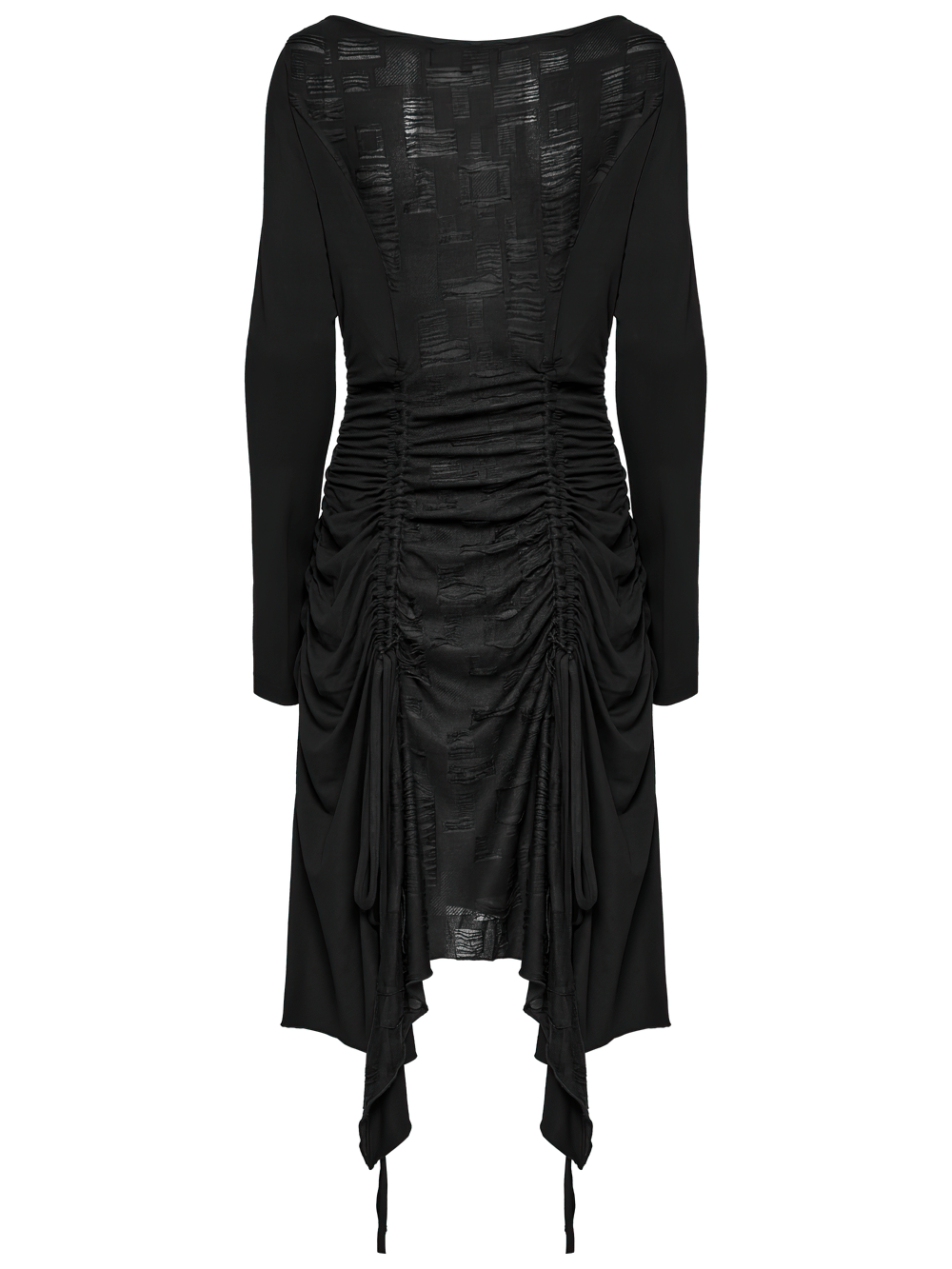Back view of a stylish punk ruched long sleeve dress with swing collar and unique hemline.