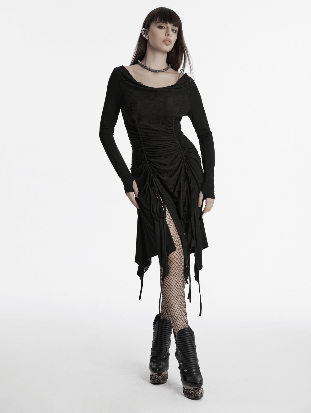 Stylish punk ruched long sleeve dress with swing collar and adjustable waist, showcasing a unique edgy design.