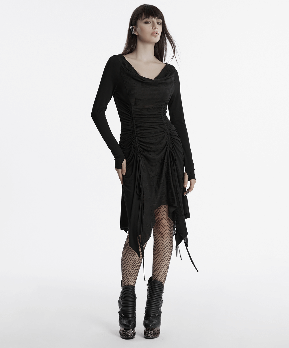 PROMO UE sur l'élégante robe punk froncée à manches longues et col drapé