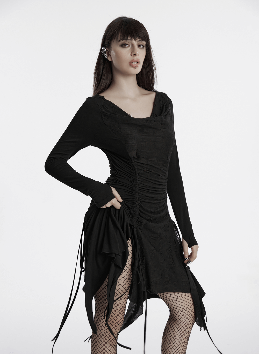 Stylish punk ruched long sleeve dress with swing collar, featuring adjustable waist and unique slits.