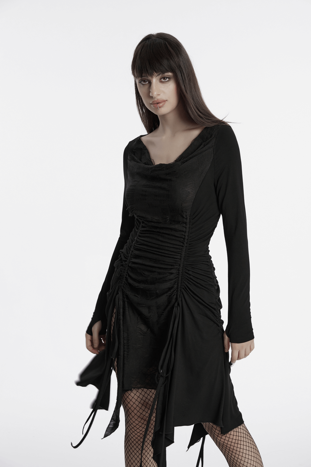 Stylish punk ruched long sleeve black dress with swing collar and adjustable waist for a flattering silhouette.