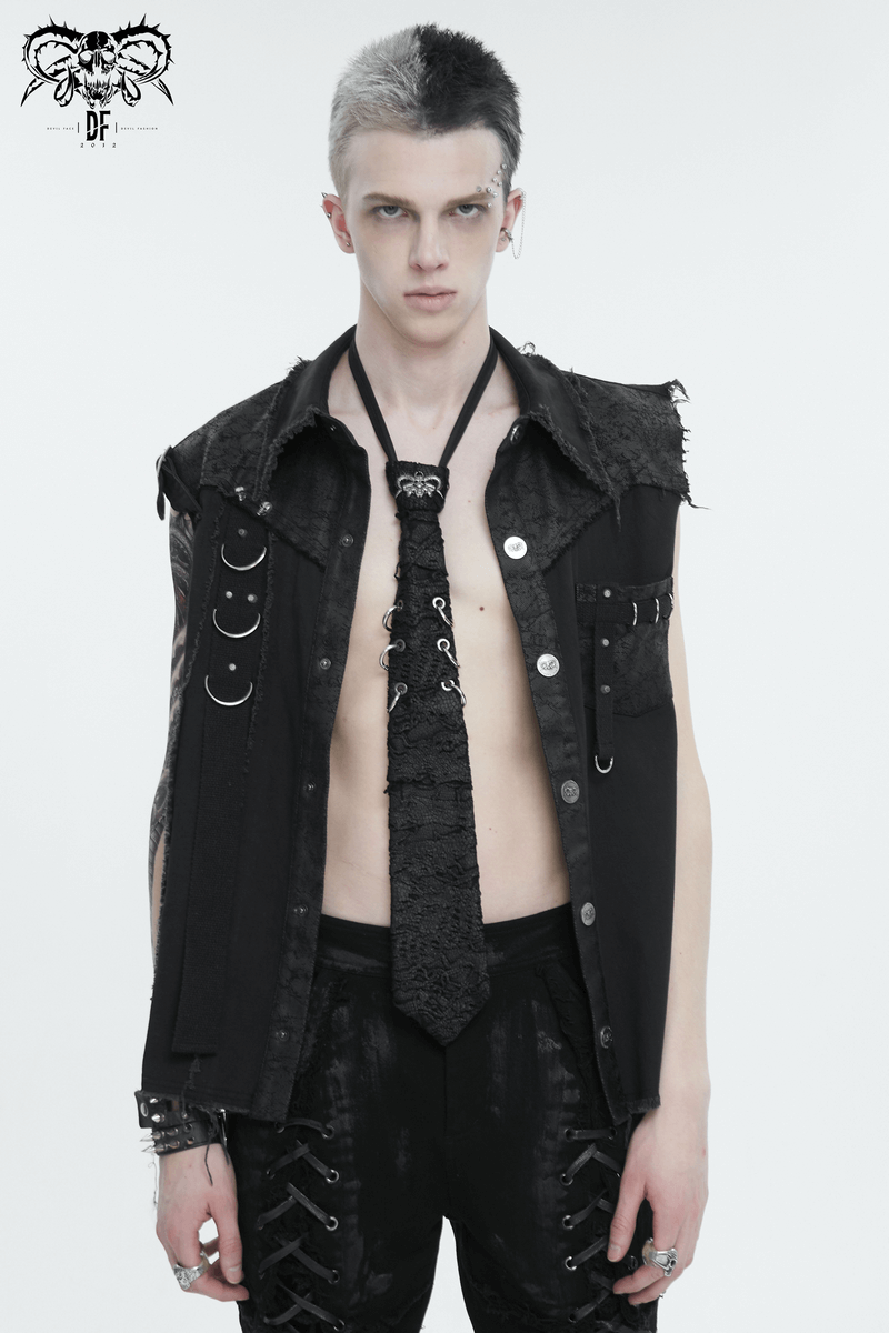 Stylish punk skull necktie with rings worn by model, showcasing gothic fashion and edgy style.