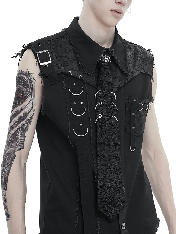 Stylish punk necktie with rings and gothic details, showcased by a model in edgy black attire.