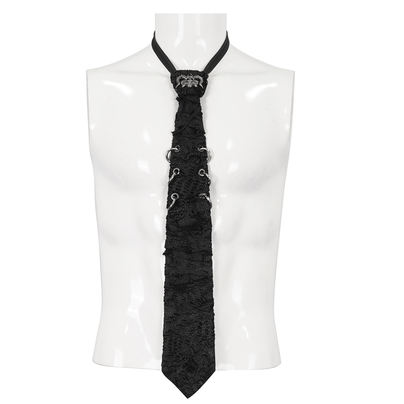Stylish punk skull necktie with rings on a mannequin, perfect for a bold gothic fashion statement.