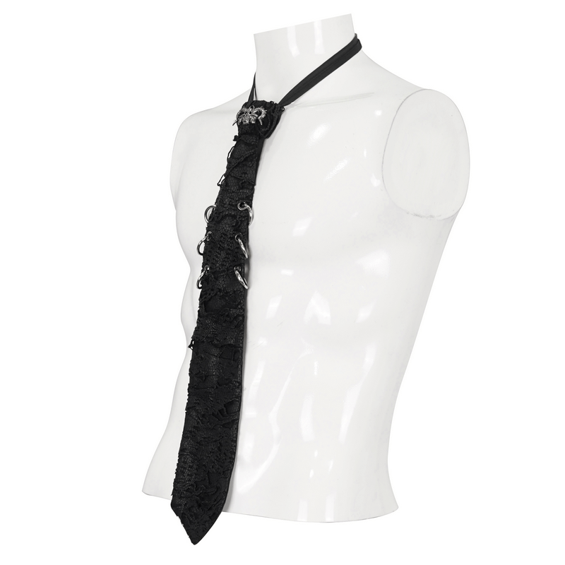 Stylish punk skull necktie with decorative rings on mannequin, showcasing gothic design and adjustable collar.