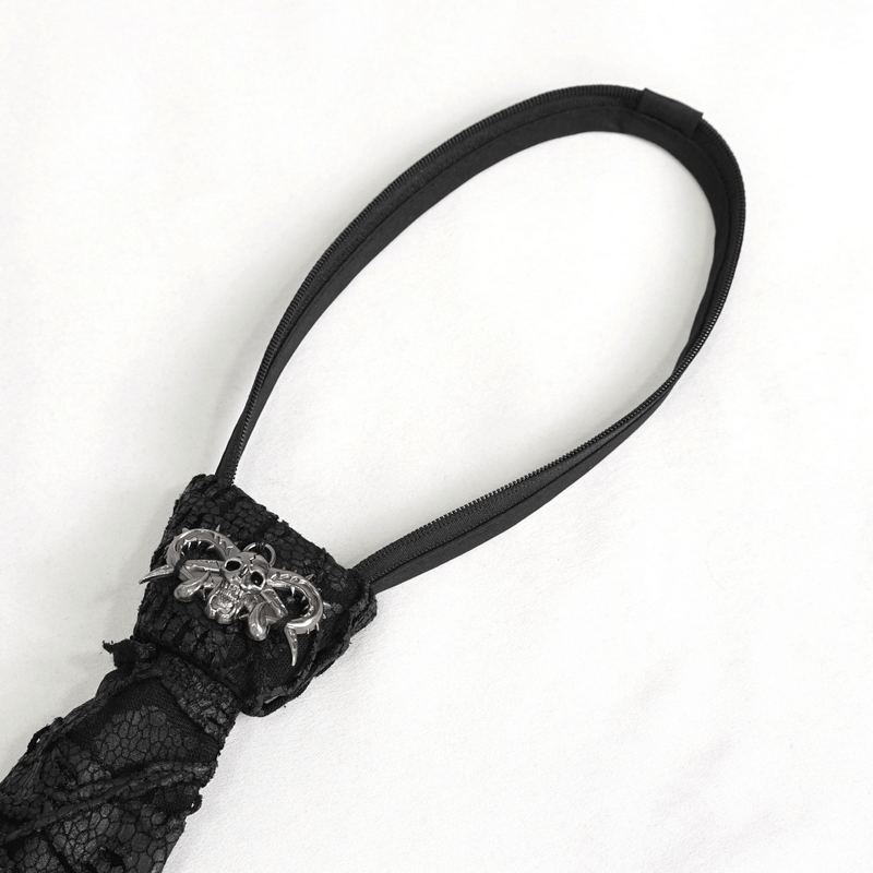 Stylish black punk skull necktie with decorative rings and adjustable collar, perfect for bold gothic fashion.