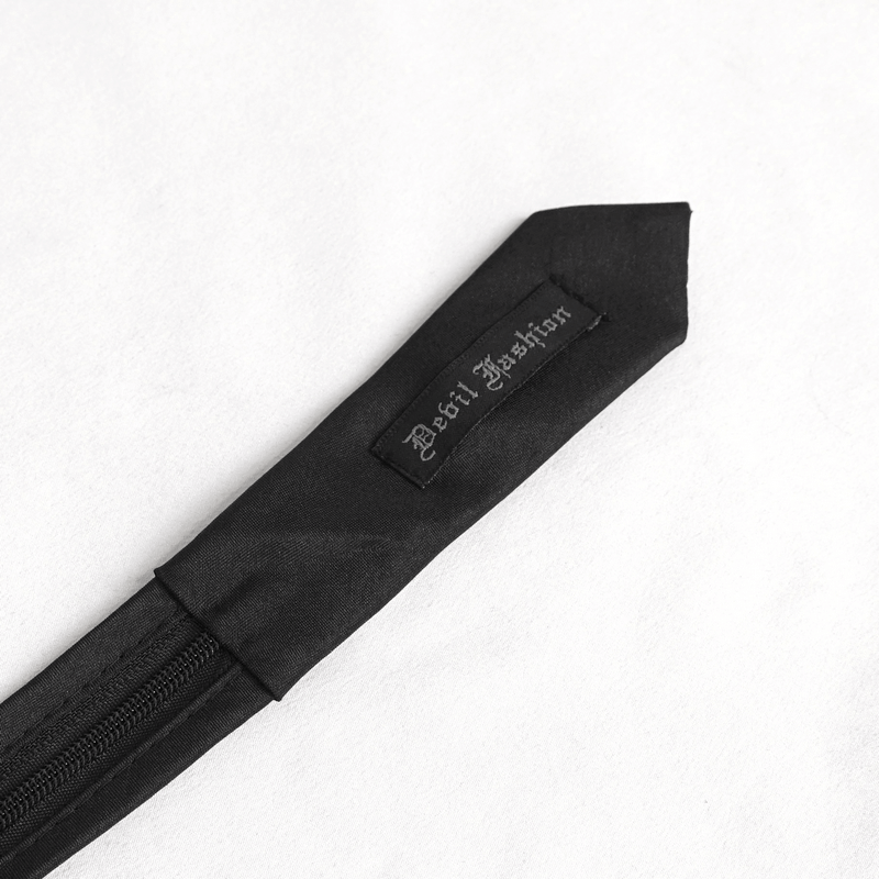 Black stylish punk skull necktie end with decorative ring and label from Devil Fashion.