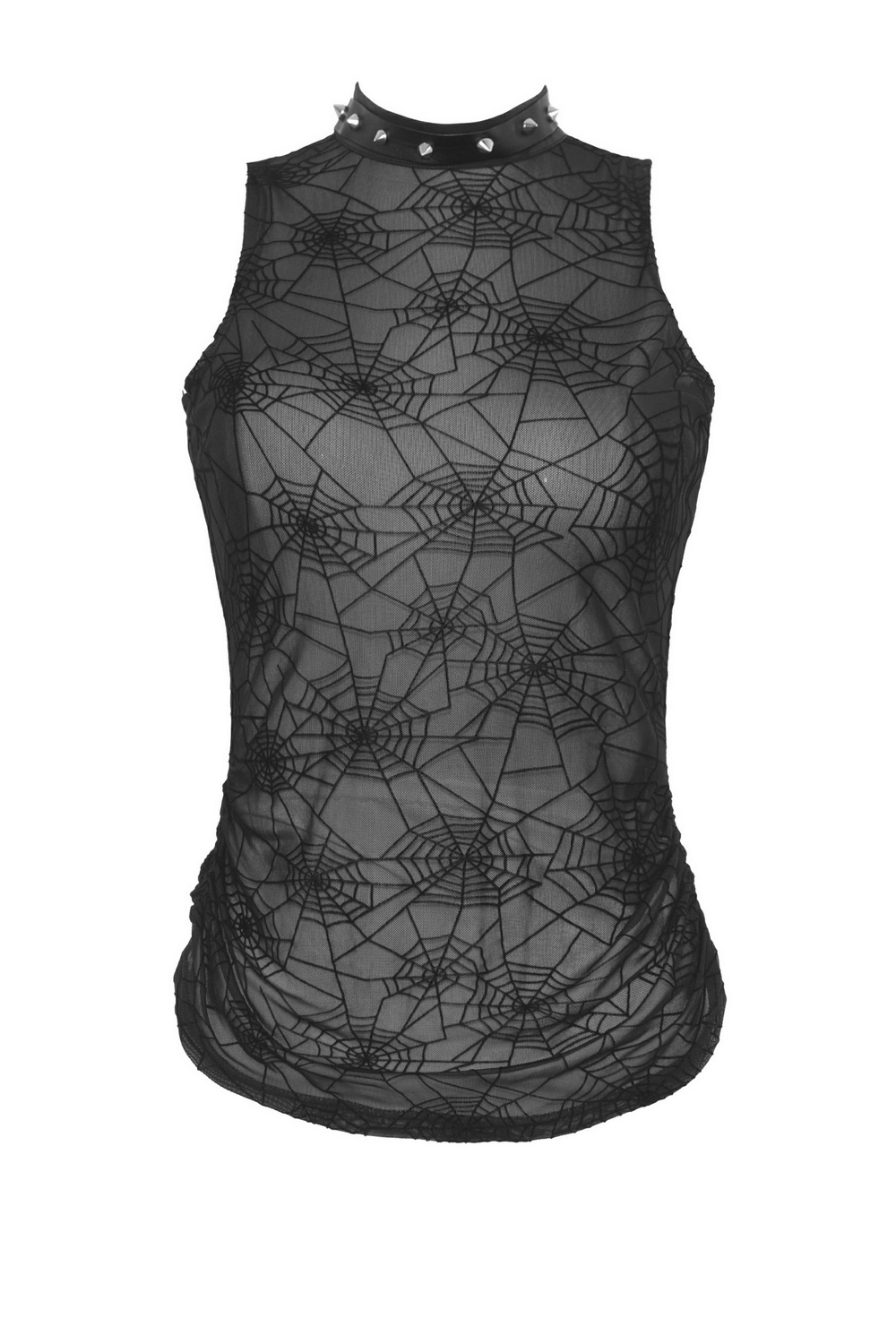Stylish punk spiderweb mesh sleeveless t-shirt with studded collar, perfect for gothic fashion lovers.