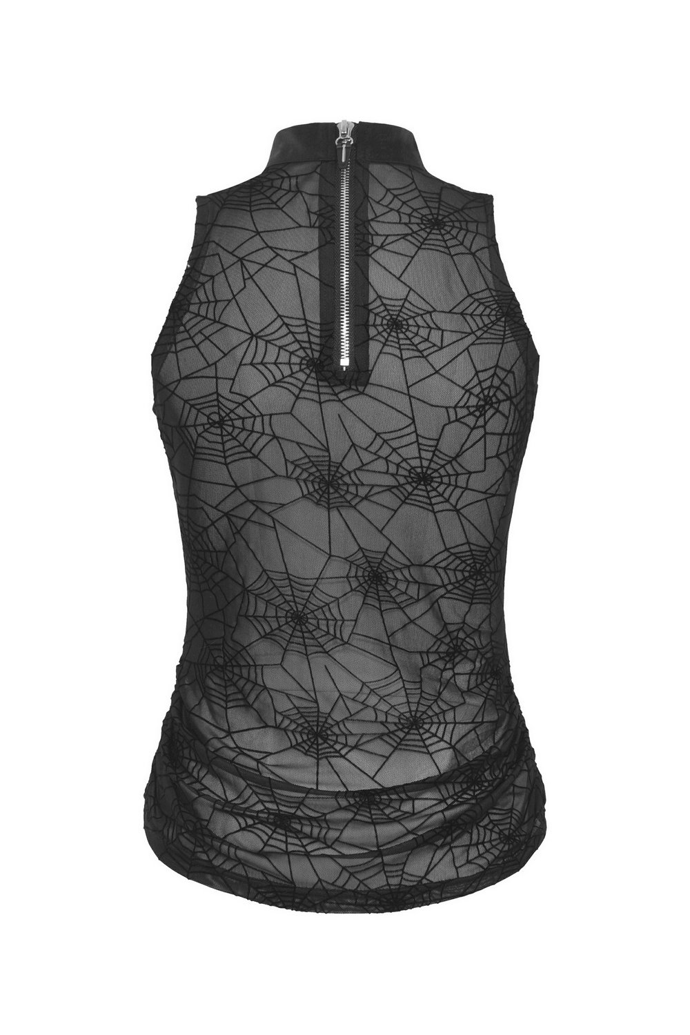 Stylish black sleeveless t-shirt featuring a mesh spiderweb design, perfect for a gothic edge in your wardrobe.