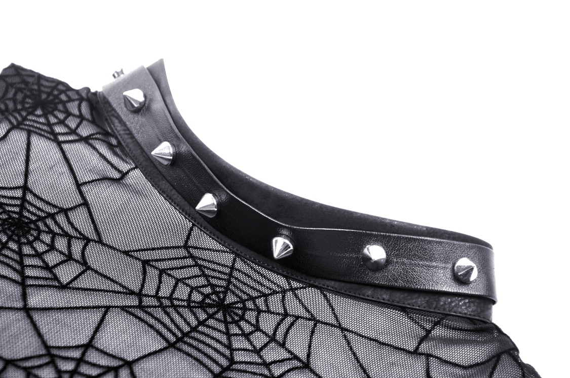 Stylish punk sleeveless t-shirt shoulder detail with spiderweb mesh and silver studs for a gothic look.