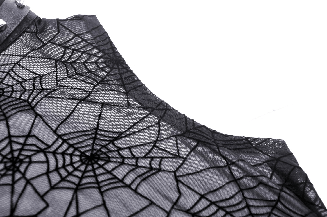 Close-up of stylish punk spiderweb mesh design on a sleeveless black t-shirt for a gothic look.