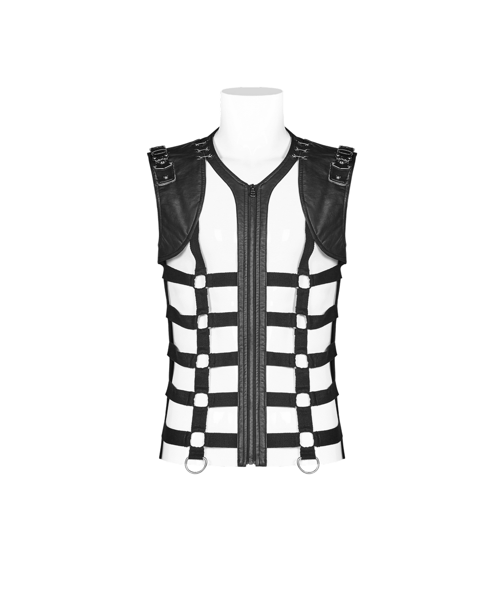 Stylish black and white punk skeleton vest with lace-up and metal hardware details.