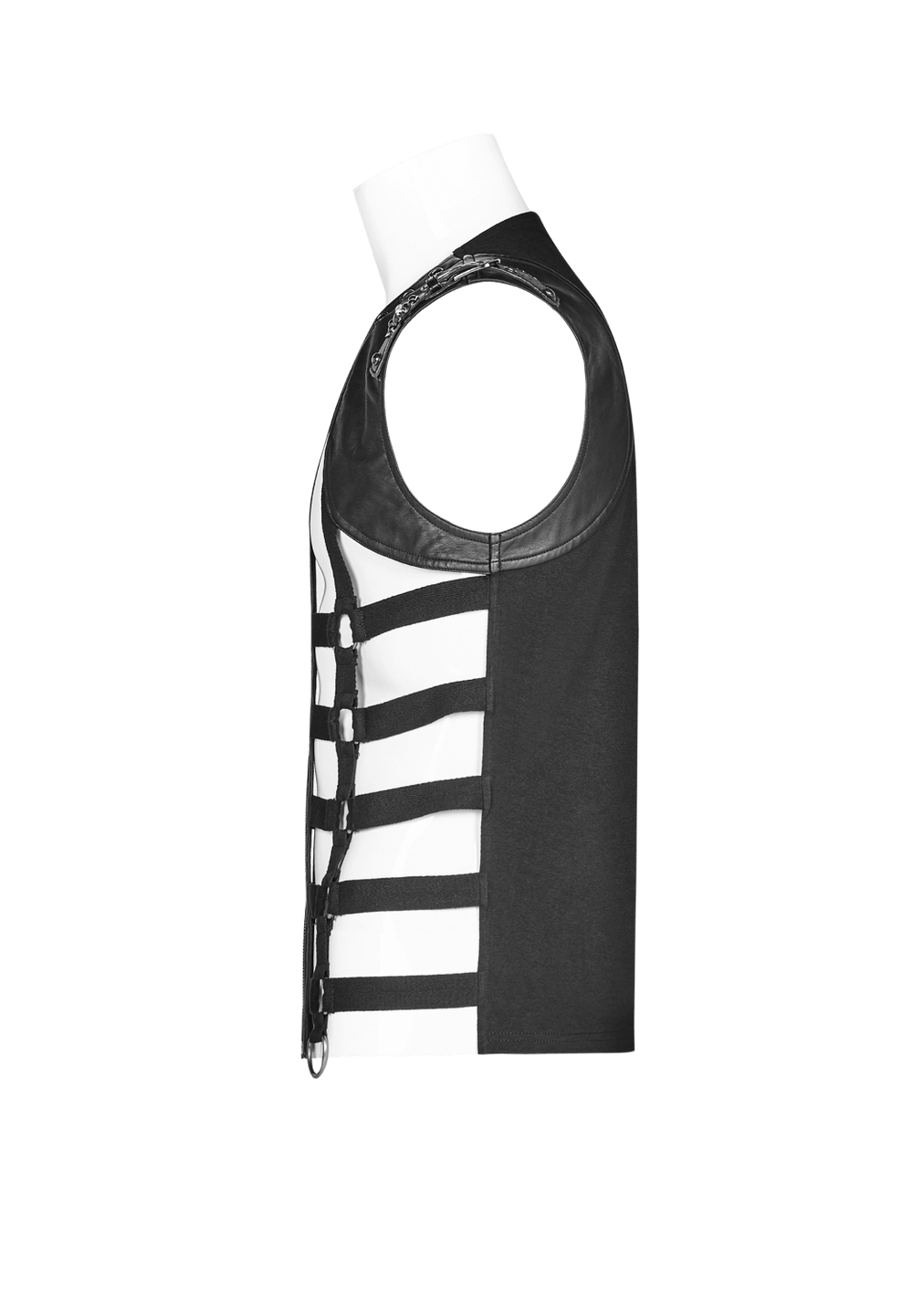 Stylish punk black lace-up skeleton vest showing side view with edgy design and elastic back for comfort.