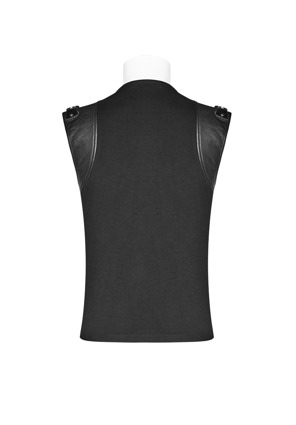 Back view of a stylish black punk vest with leather shoulder details and lace-up design.