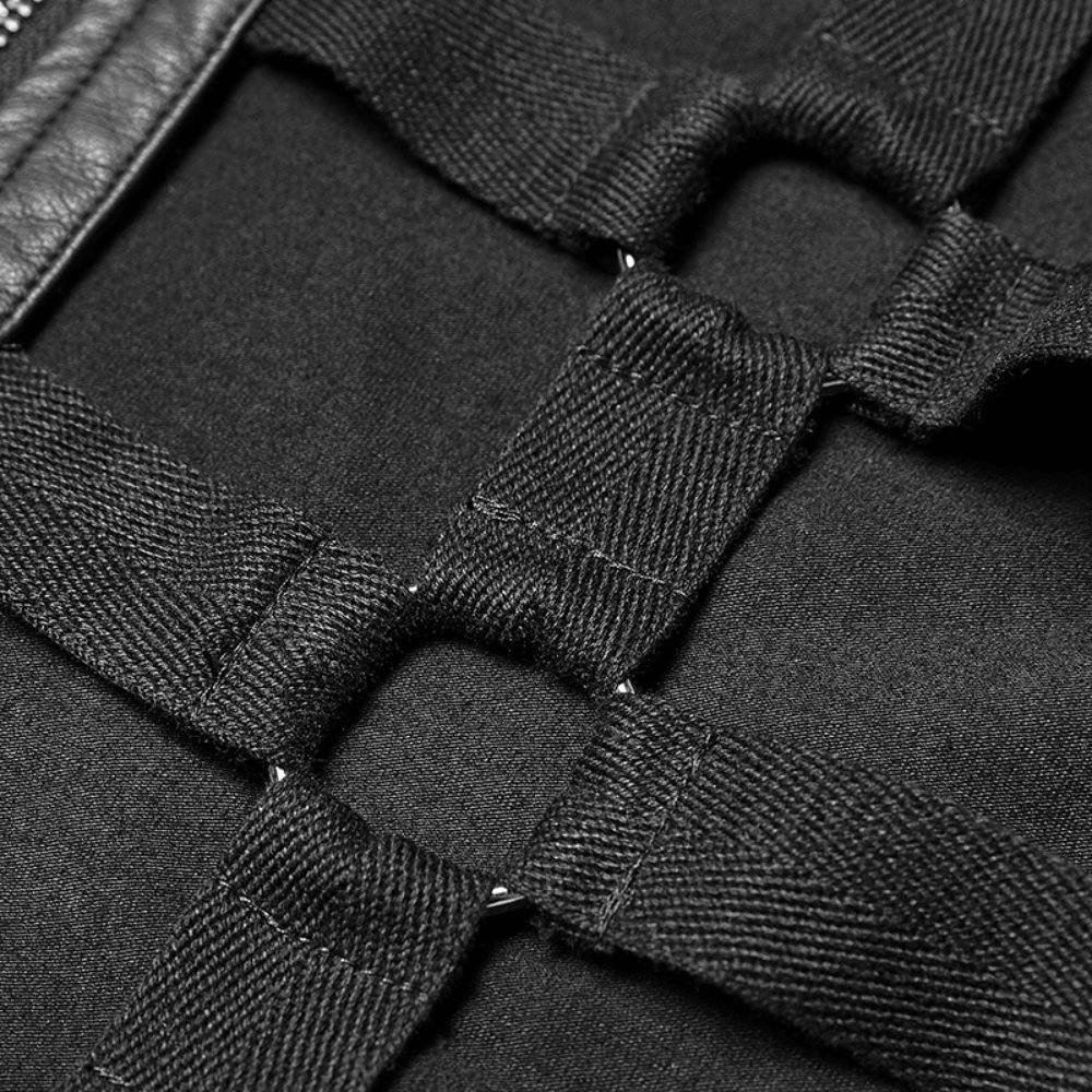 Close-up of the lace-up detail on the Stylish Punk Style Black Lace-Up Skeleton Vest, showcasing its edgy design.