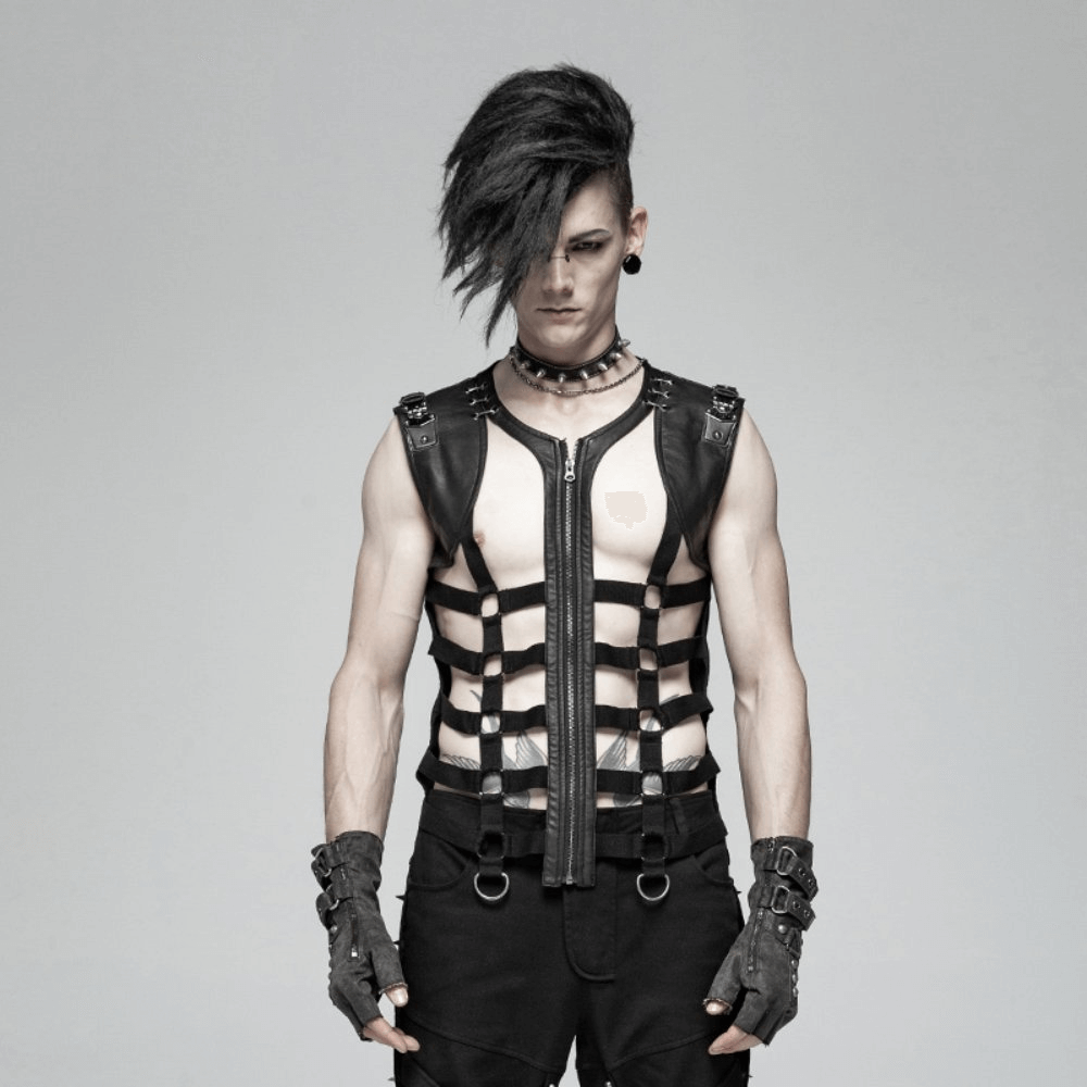 Stylish black leather punk vest with zip, straps, and edgy gloves for a bold rock look.