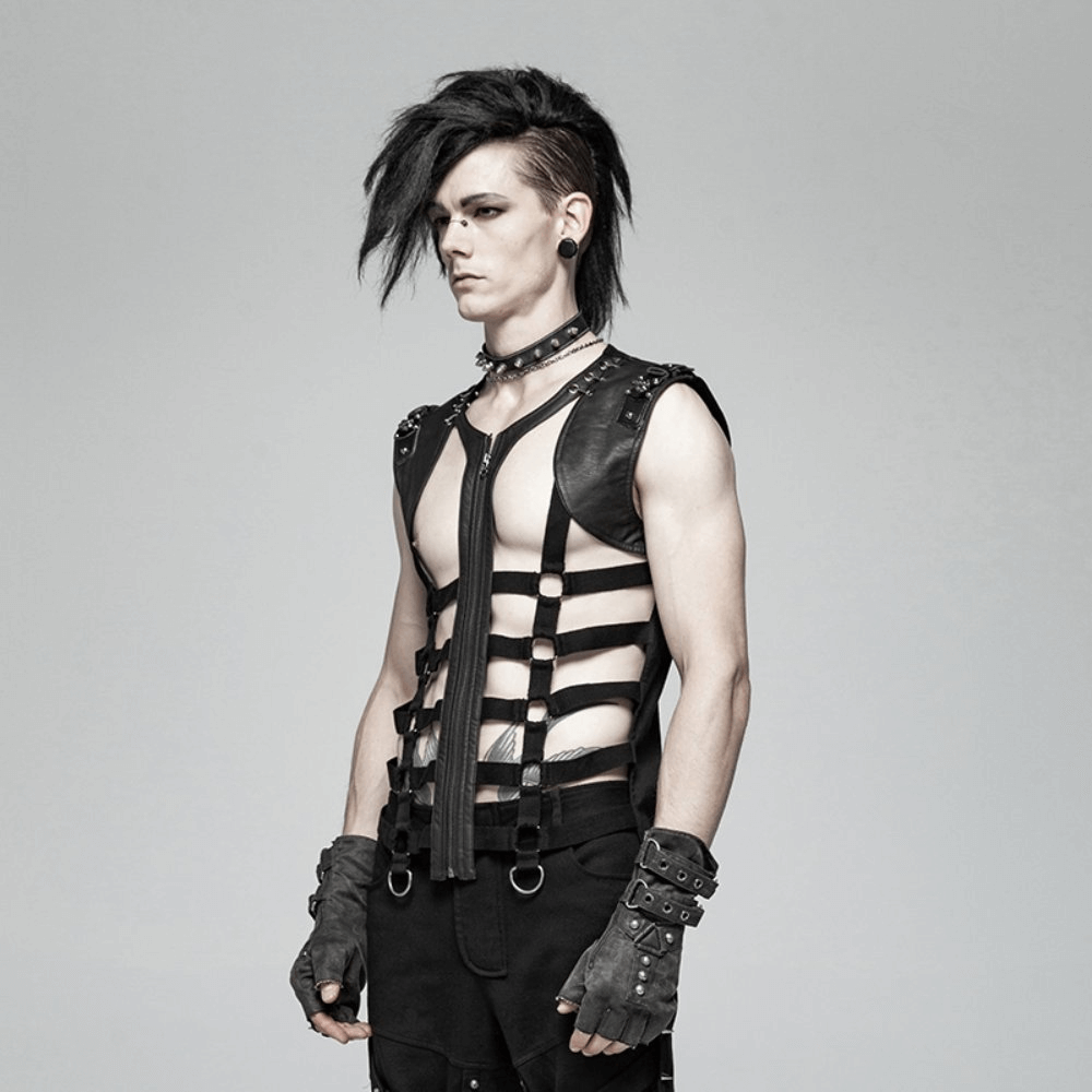 Stylish punk rocker in a black lace-up skeleton vest with edgy straps and metal hardware.