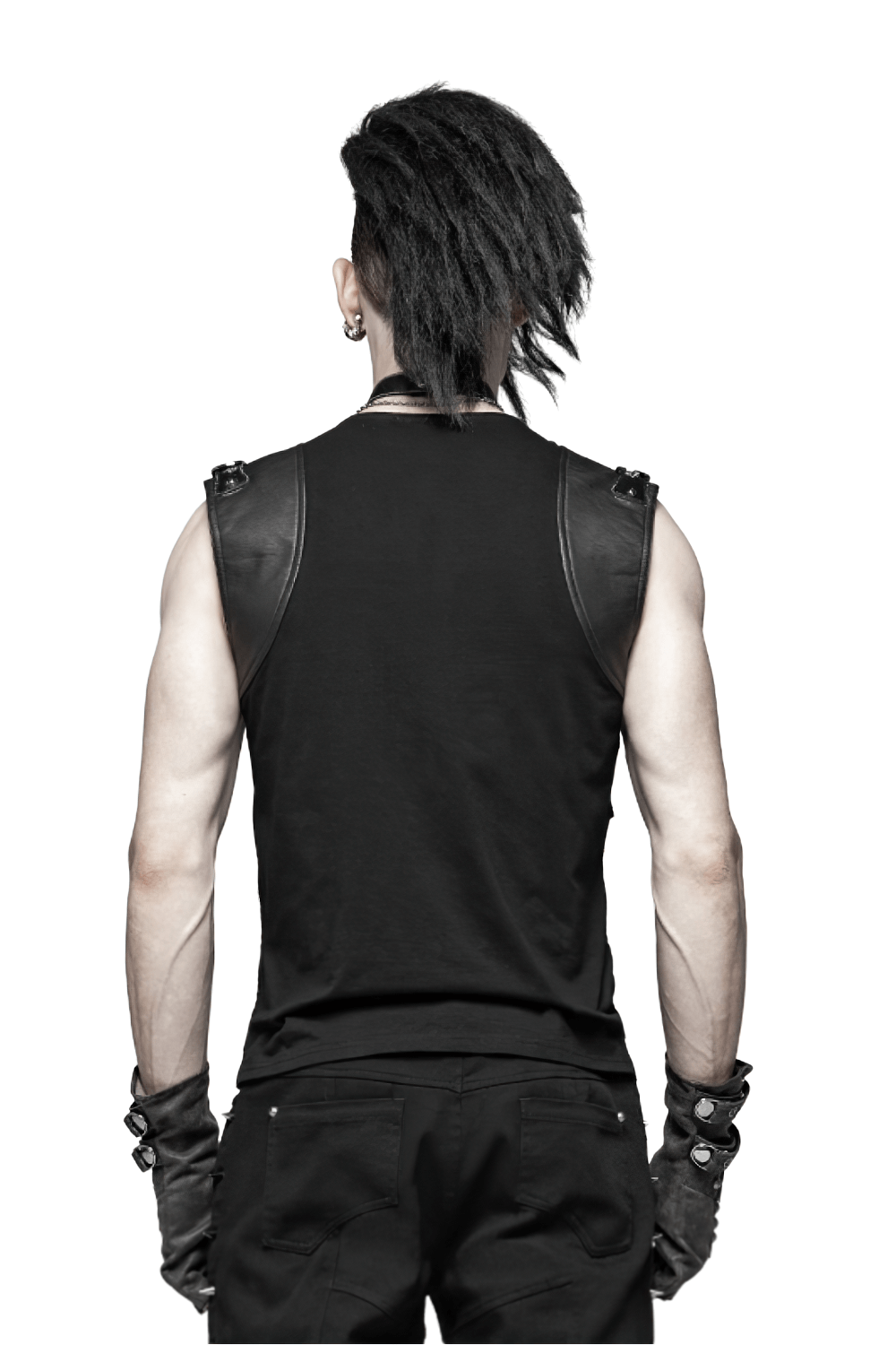 Back view of a man in a stylish punk black vest with leather details and edgy mohawk hairstyle.