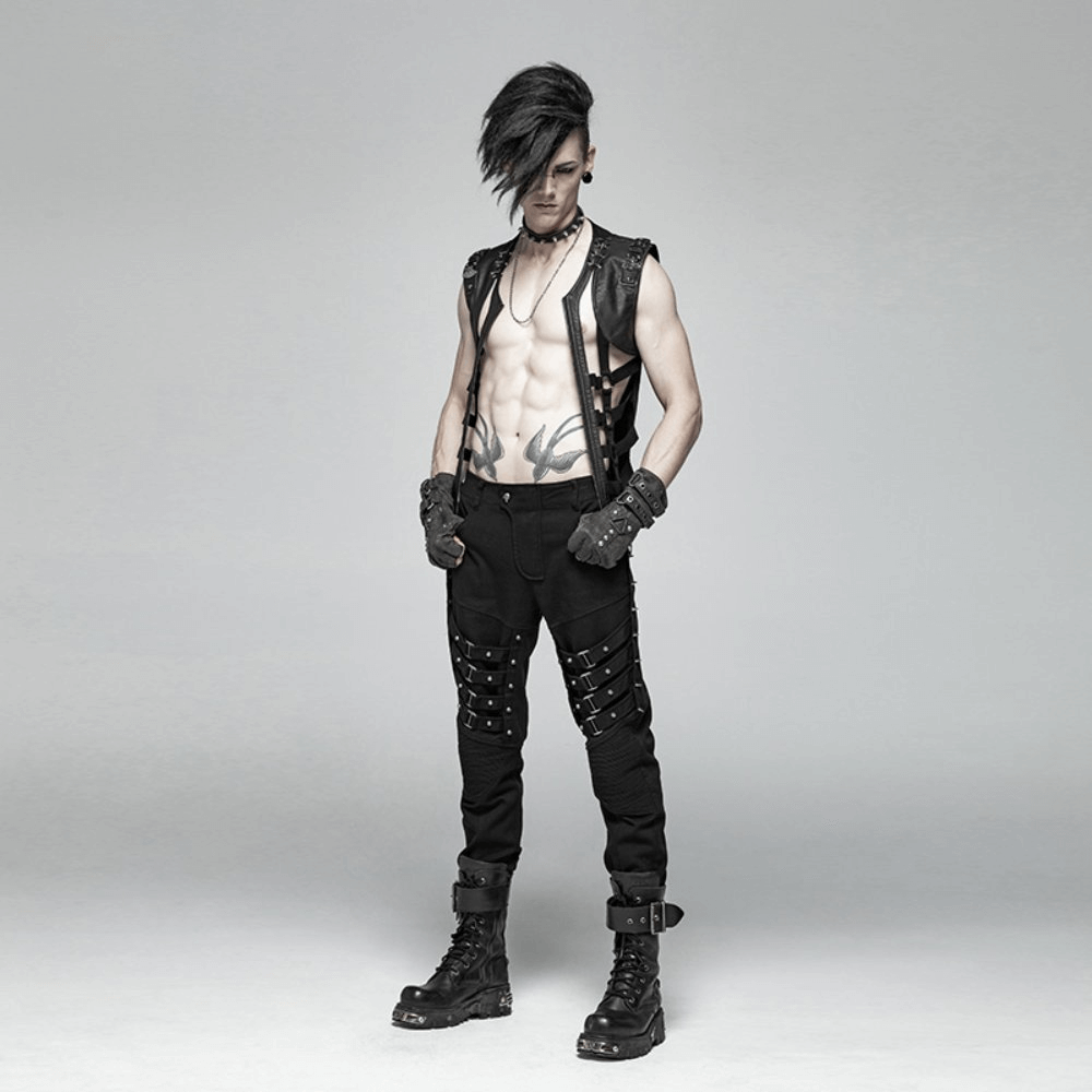 Model showcasing a Stylish Punk Style Black Lace-Up Skeleton Vest with edgy black attire and bold tattoos.