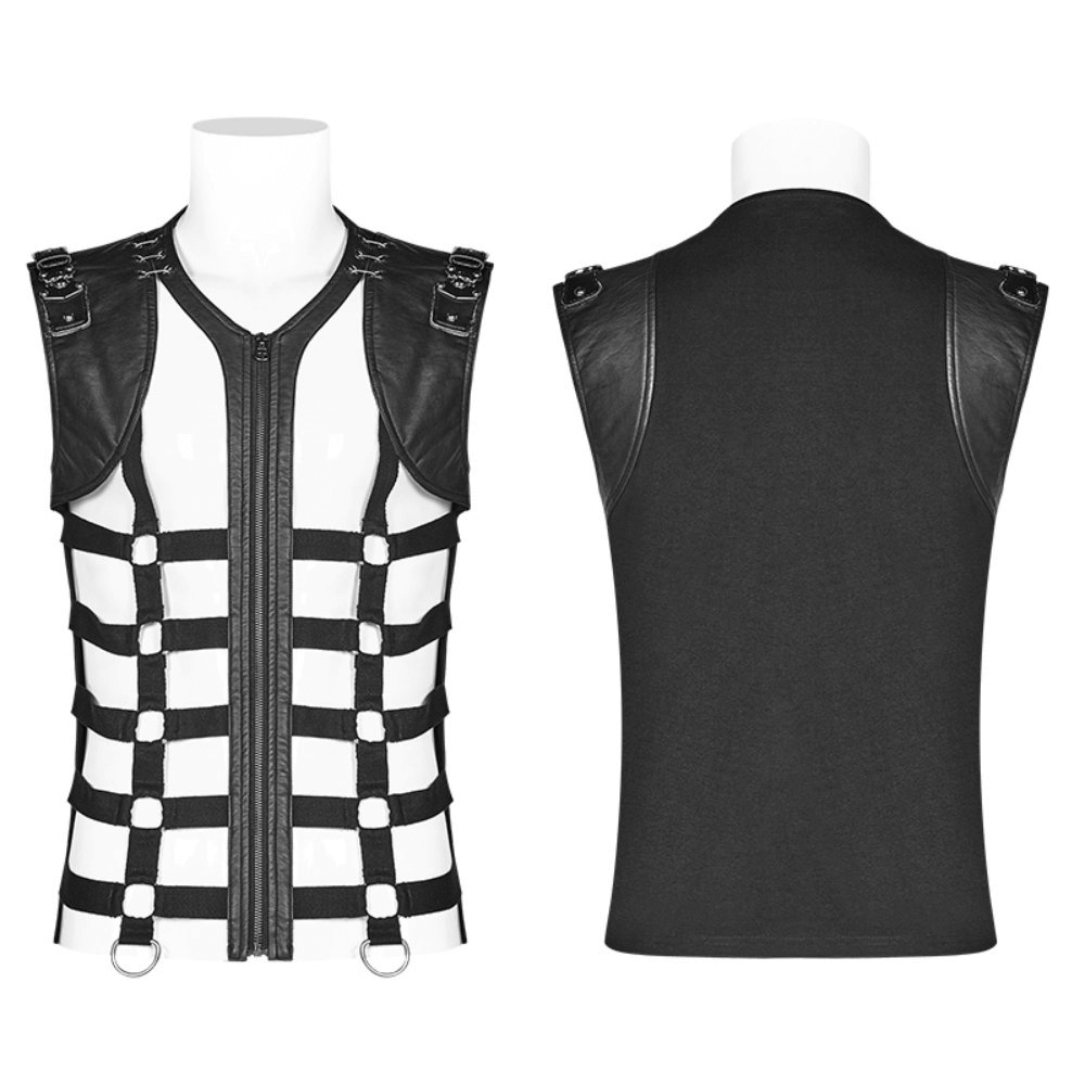 Stylish punk black lace-up skeleton vest with metal hardware and elastic back for a rocker look.