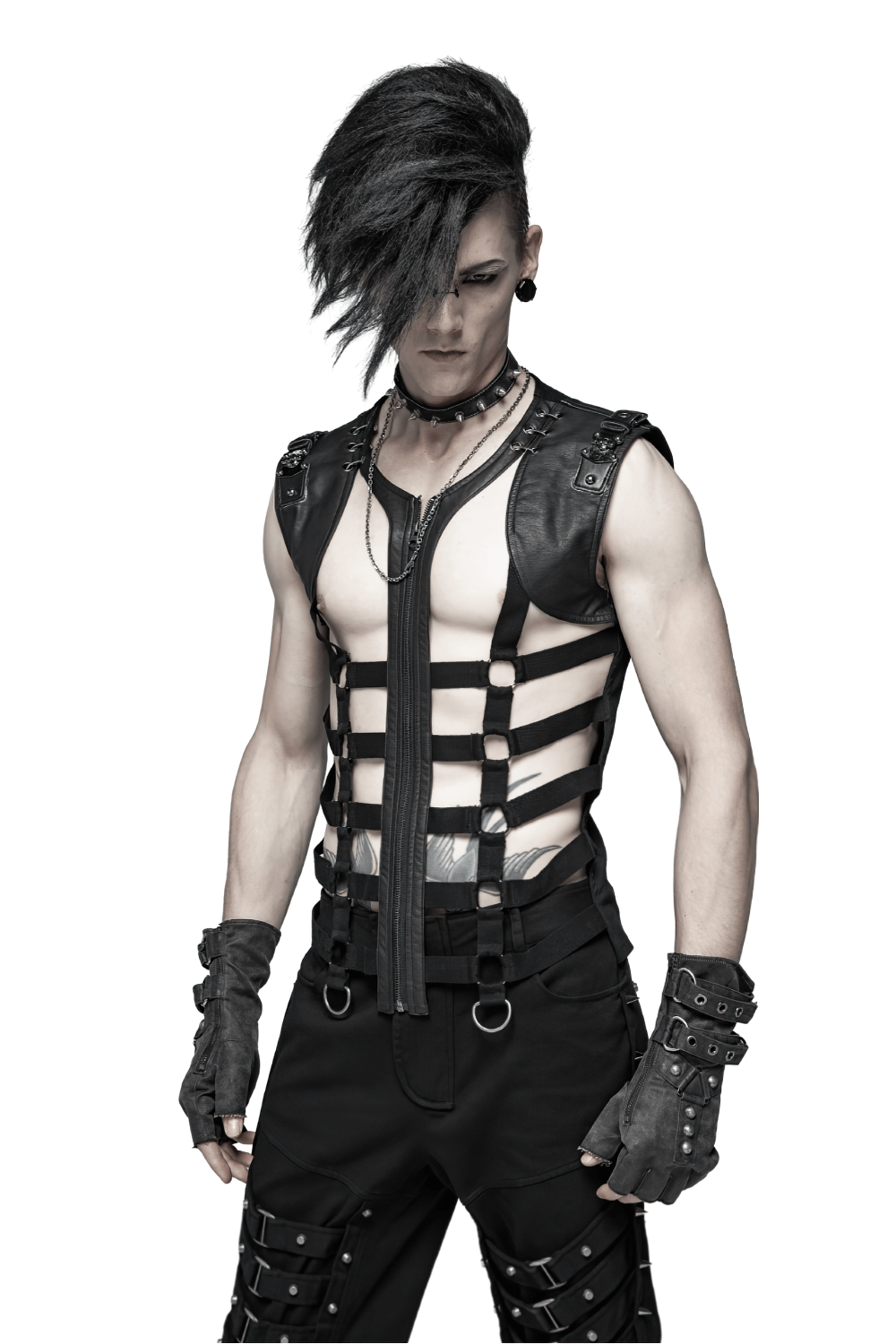 Stylish black lace-up skeleton vest with edgy metal details and punk-inspired design.