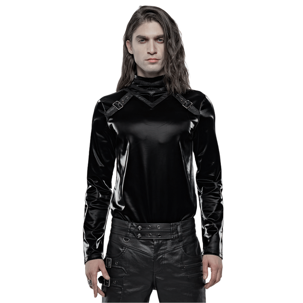 Stylish punk faux leather zip top for men, featuring a unique collar and front buckles, perfect for a gothic look.