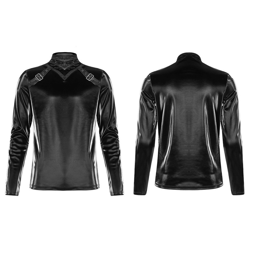 Stylish punk faux leather zip top for men, featuring a sleek design with buckles and elastic sharkskin finish.