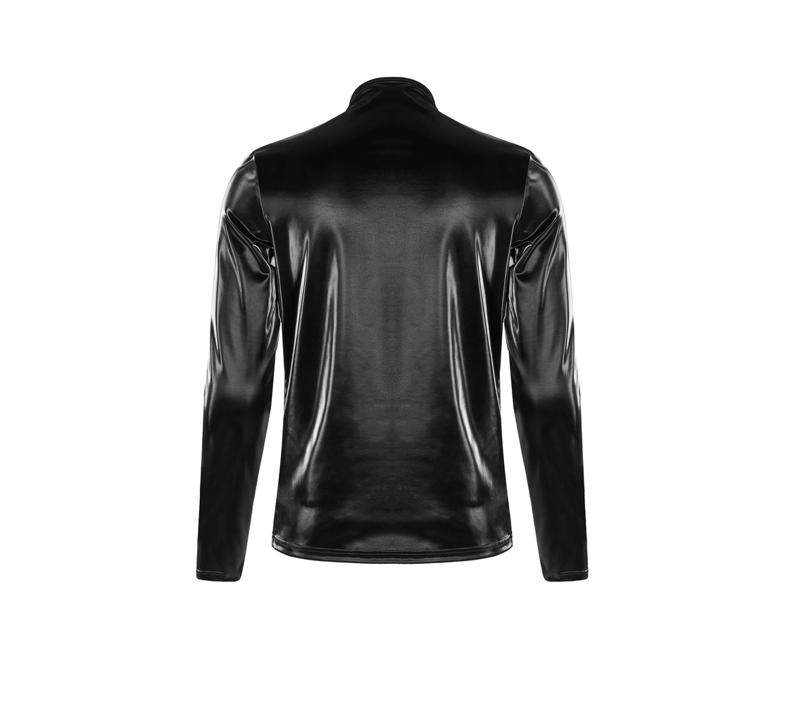 Back view of a stylish punk faux leather zip top for men, showcasing sleek sharkskin texture and long sleeves.