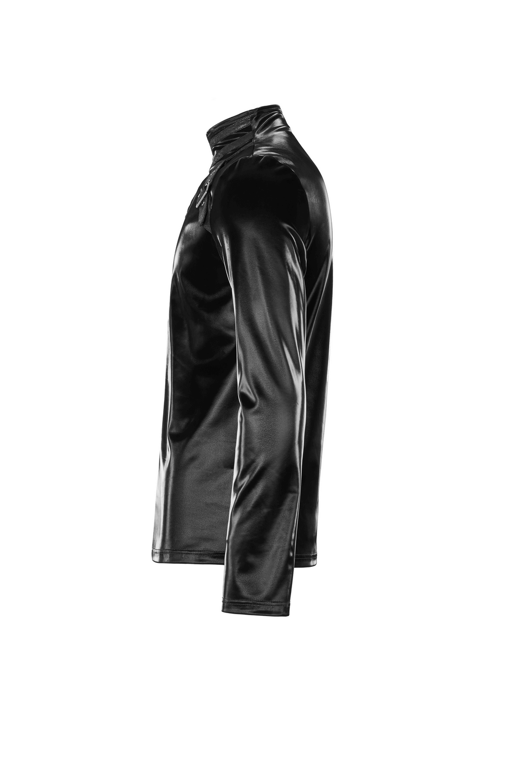 Stylish punk faux leather top for men with zip collar and long sleeves, perfect for gothic fashion enthusiasts.