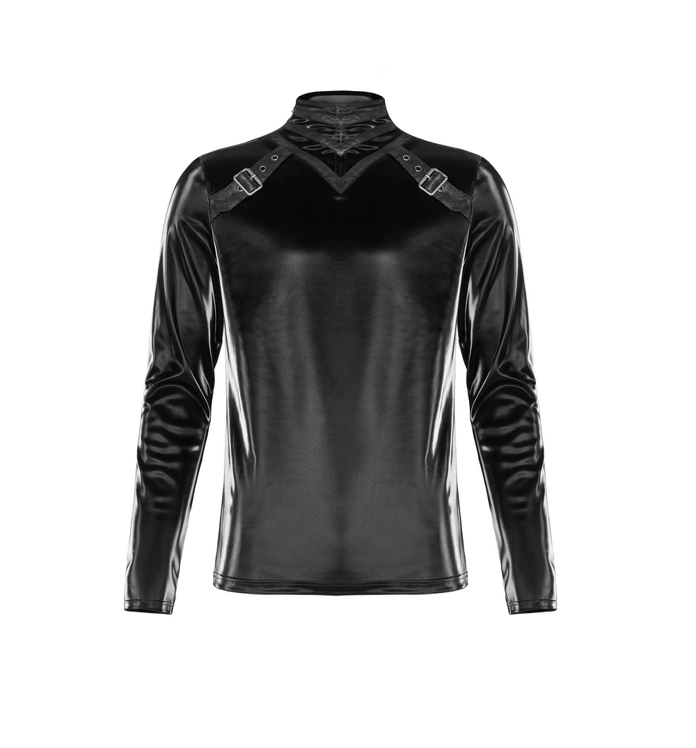 Stylish punk faux leather zip top for men, featuring a distinctive collar and front buckles in a sleek black design.