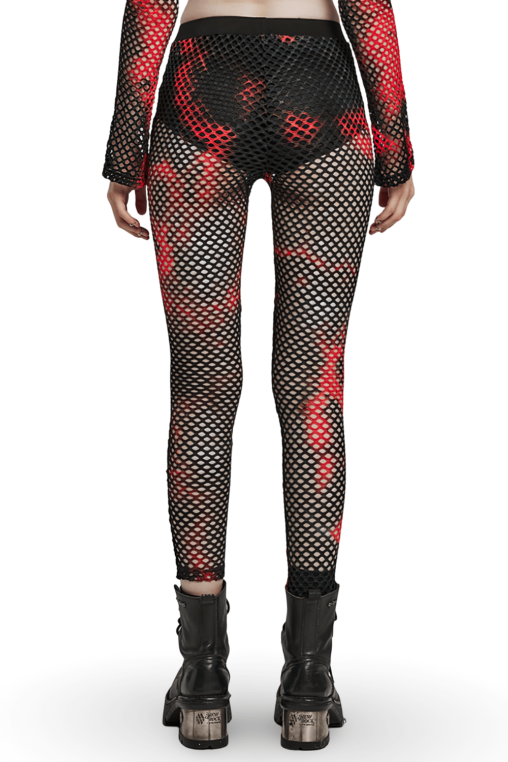 Stylish Punk Style Red-Black Fishnet Mesh Leggings