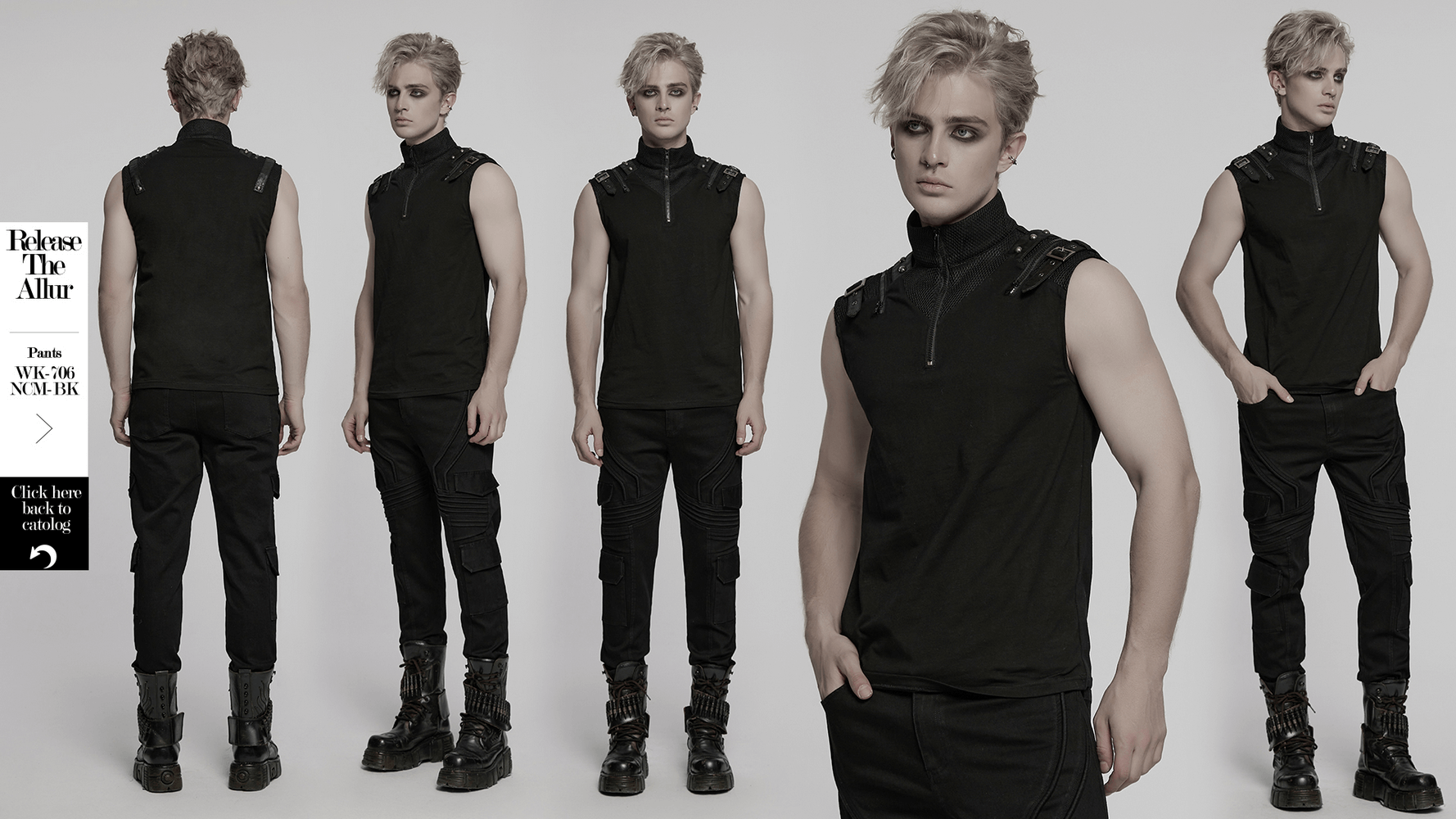 Stylish punk tank top with metal shoulder decoration, perfect for edgy fashion lovers. Available now!