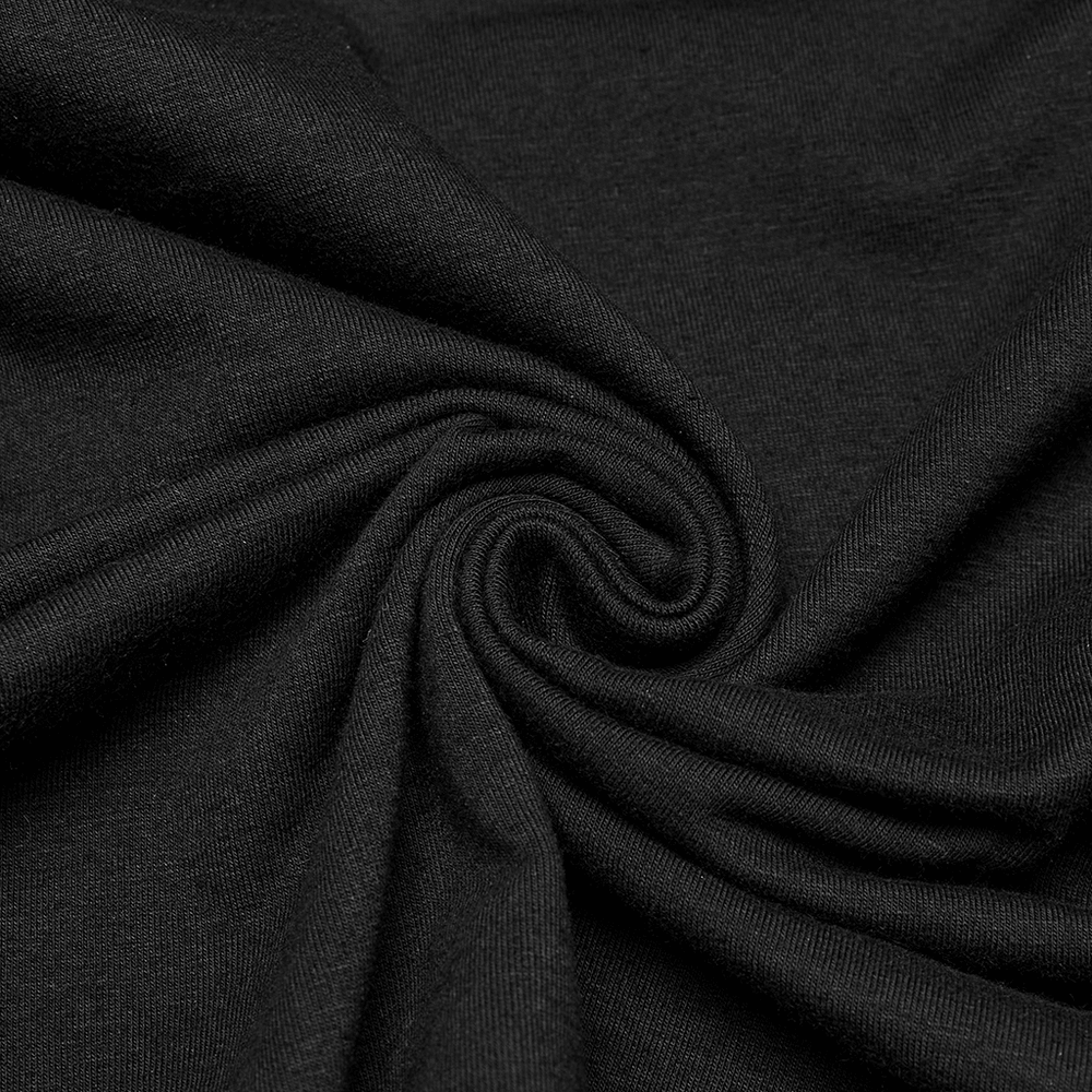 Close-up of luxurious black fabric showcasing its soft, stretchy texture, perfect for stylish punk tank tops.